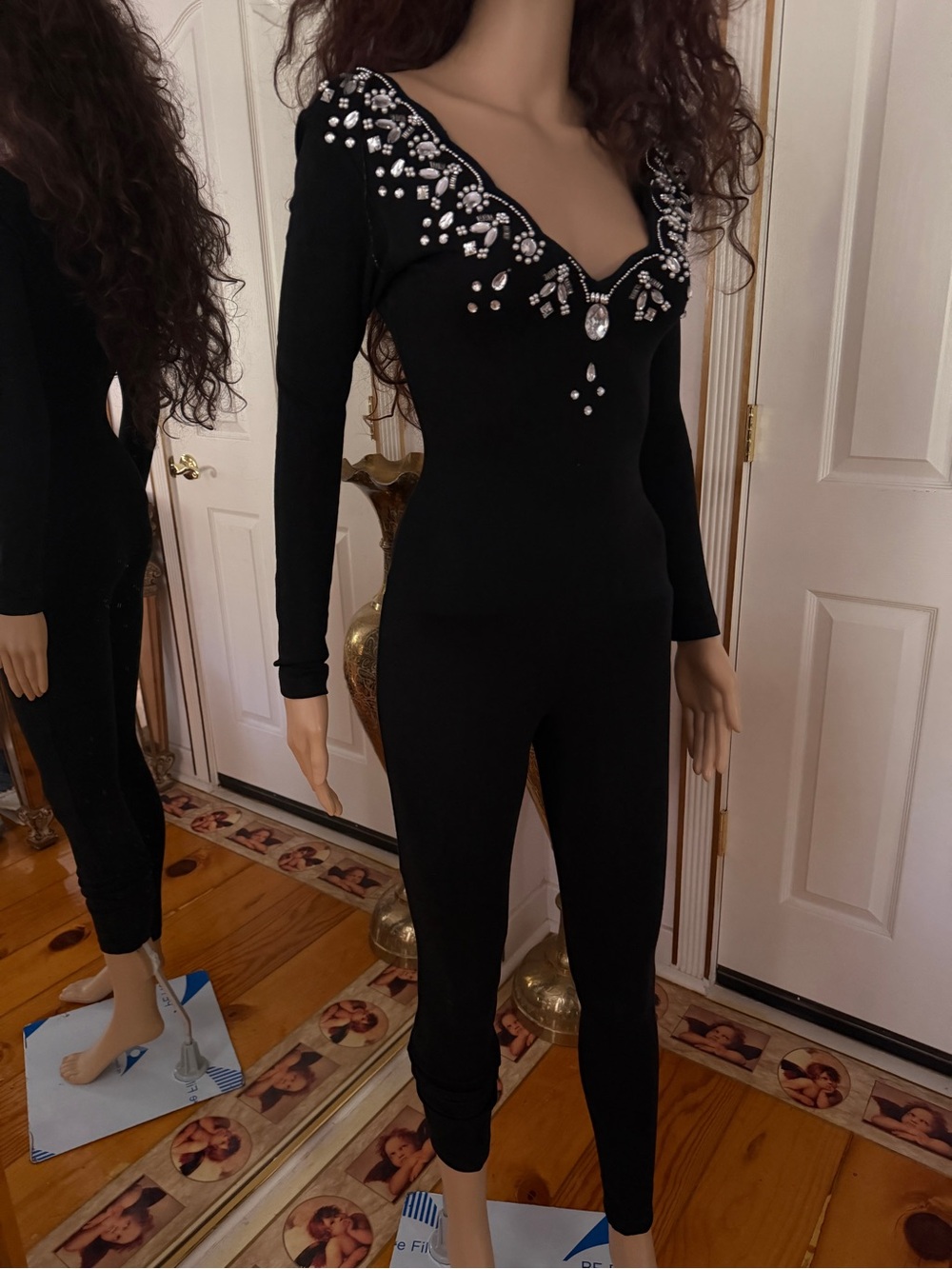 Embellished Black V-Neck Long Sleeve unitard